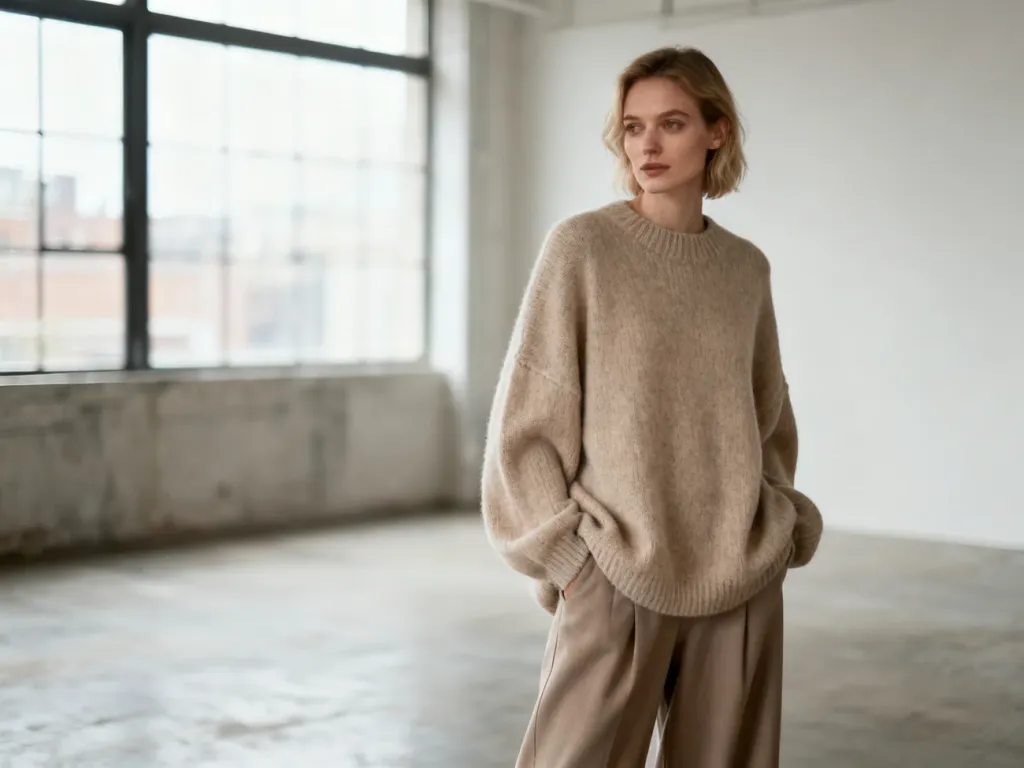 Kobieta w beżowym swetrze typu oversize i szerokich spodniach, prezentująca stylizację loose fit w minimalistycznym wnętrzu.