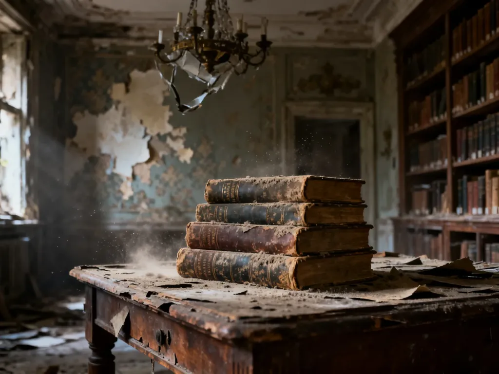 Zniszczona, zabytkowa biblioteka z zakurzonymi książkami, symbolizująca proces upadku i degrengolady.