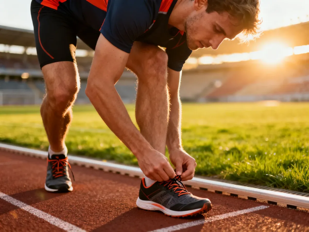 Skupiony biegacz wiążący sznurowadła na stadionie lekkoatletycznym podczas zachodu słońca.