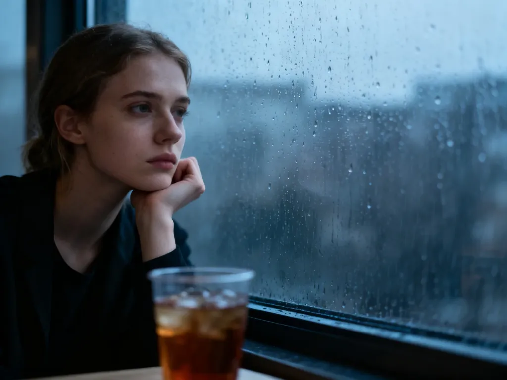 Młoda kobieta patrząca przez okno w deszczowy dzień, wyrażająca apatię i melancholię.