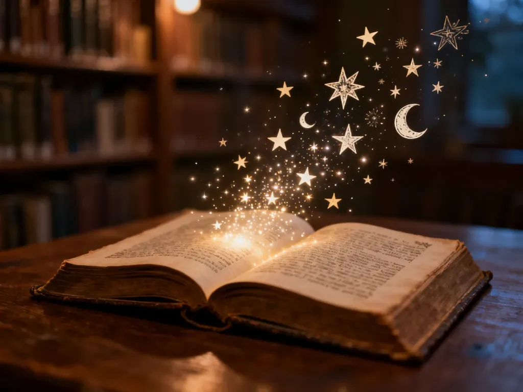 Otwarta, magiczna księga z ilustracjami gwiazd i księżyca, z której unoszą się świetliste drobinki w przytulnym wnętrzu.