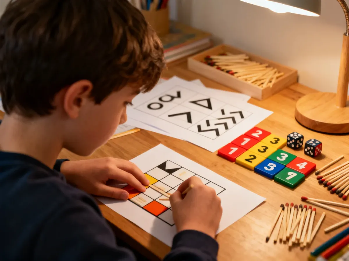 Dziecko rozwiązujące zaawansowane zagadki matematyczne z użyciem kostki i zapałek