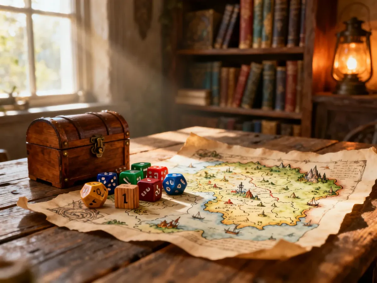 Kolorowe kości, mapa fantasy i skrzynia skarbów na drewnianym stole, tworzące przytulny klimat sesji RPG dla dzieci.