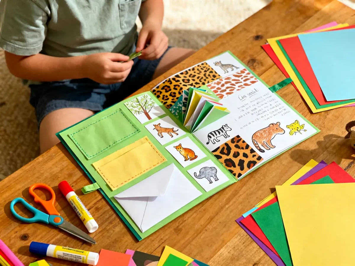 Kolorowy lapbook o zwierzętach z kieszonkami i składanymi elementami