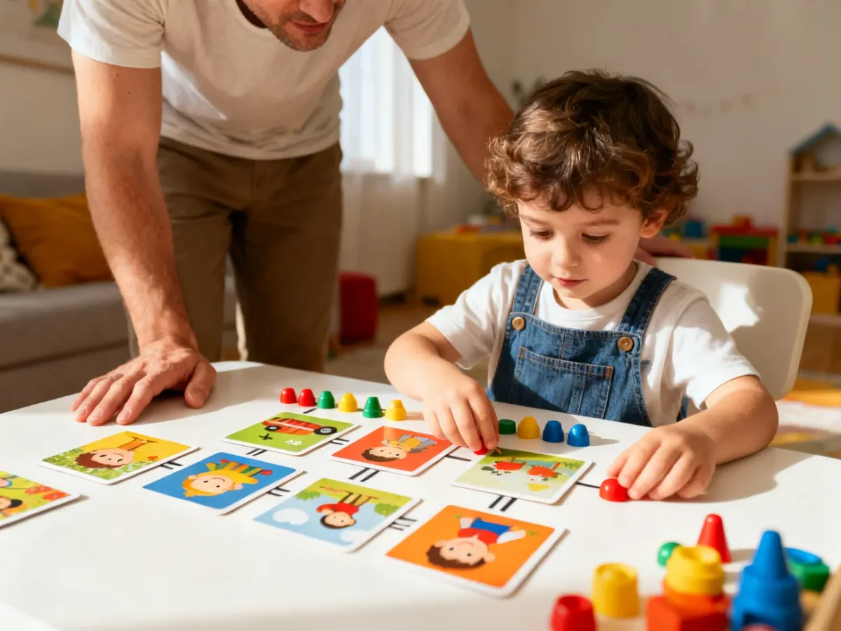 Przedszkolak układający obrazki i przedmioty w logicznej kolejności