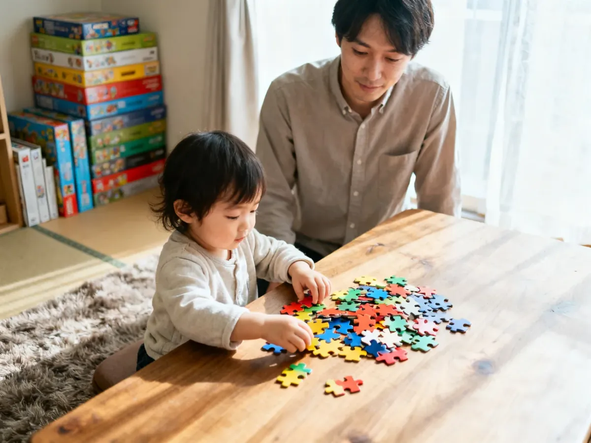 Dziecko wybiera puzzle odpowiednie do swojego wieku przy wsparciu rodzica