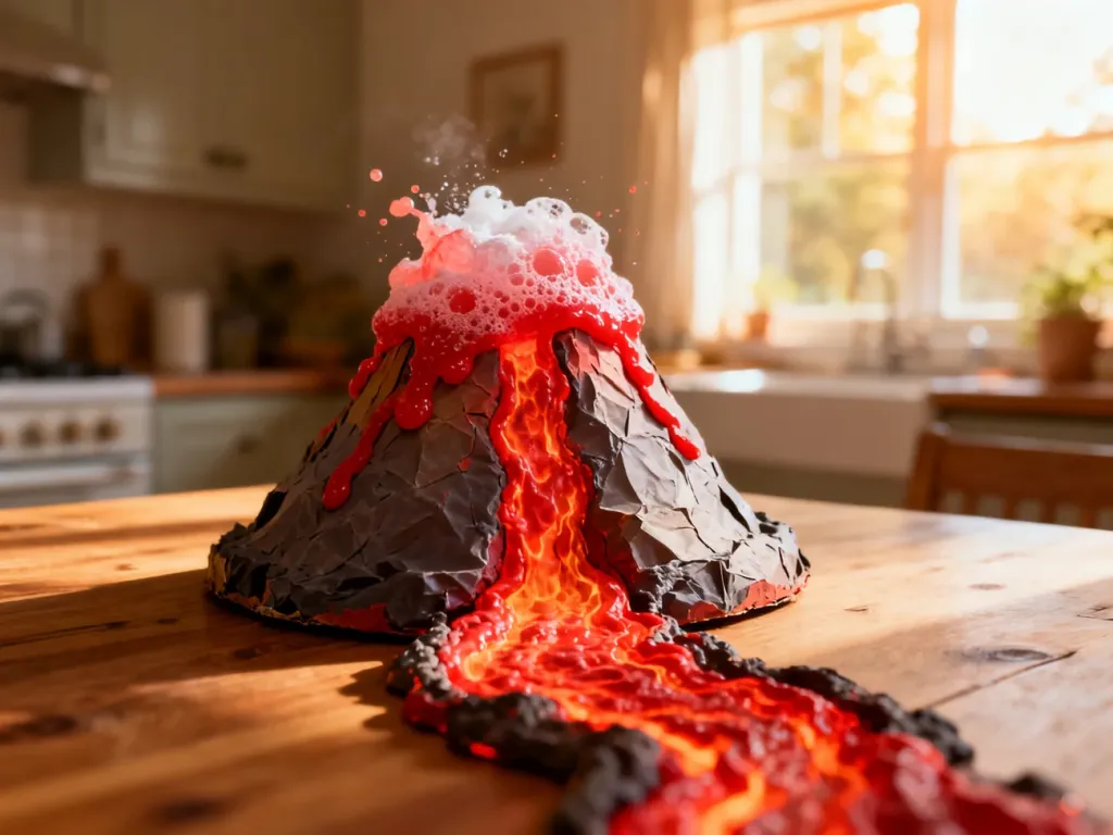 Domowy model wulkanu z papier-mâché podczas efektownej erupcji z octu i sody na kuchennym stole.