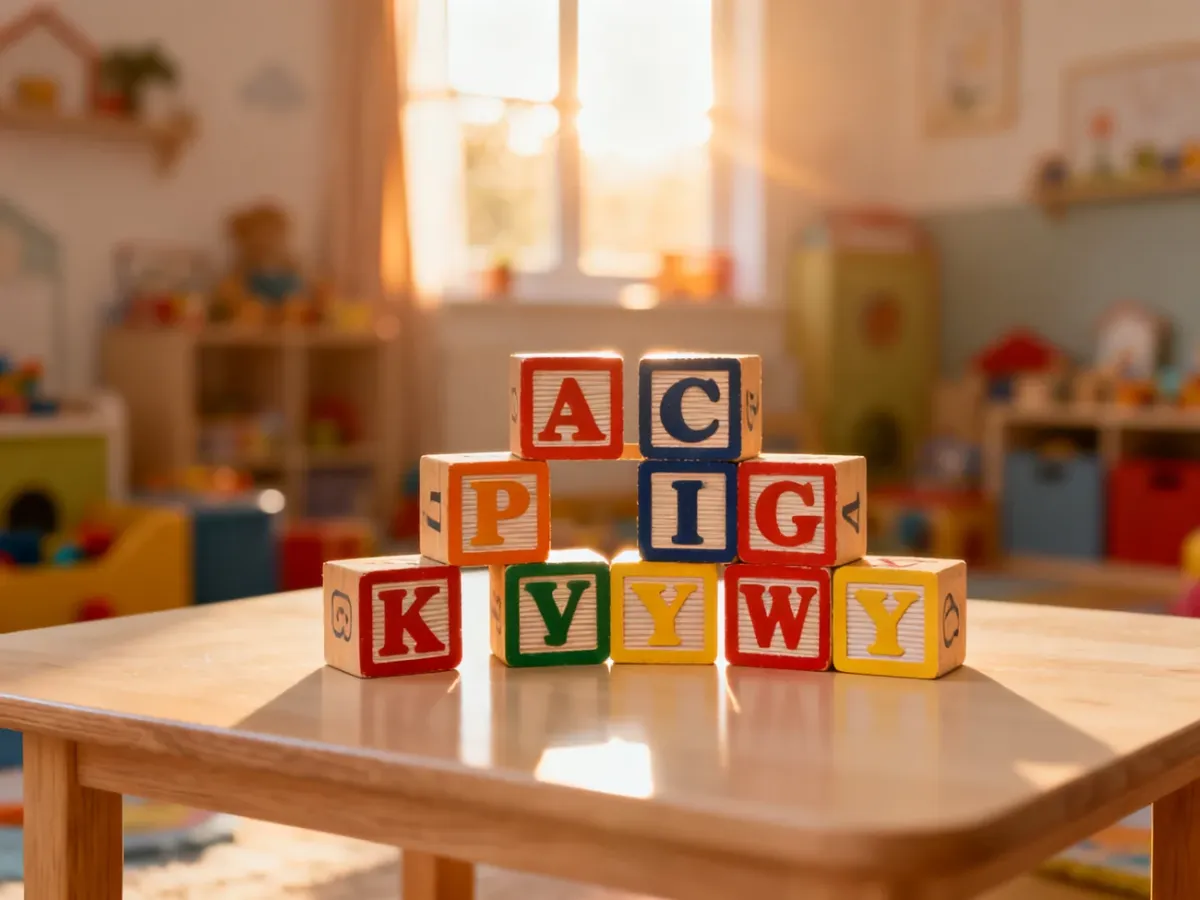 Kolorowe drewniane klocki z literami ułożone na stole, zachęcające dzieci do kreatywnej zabawy słowami w przytulnym pokoju.