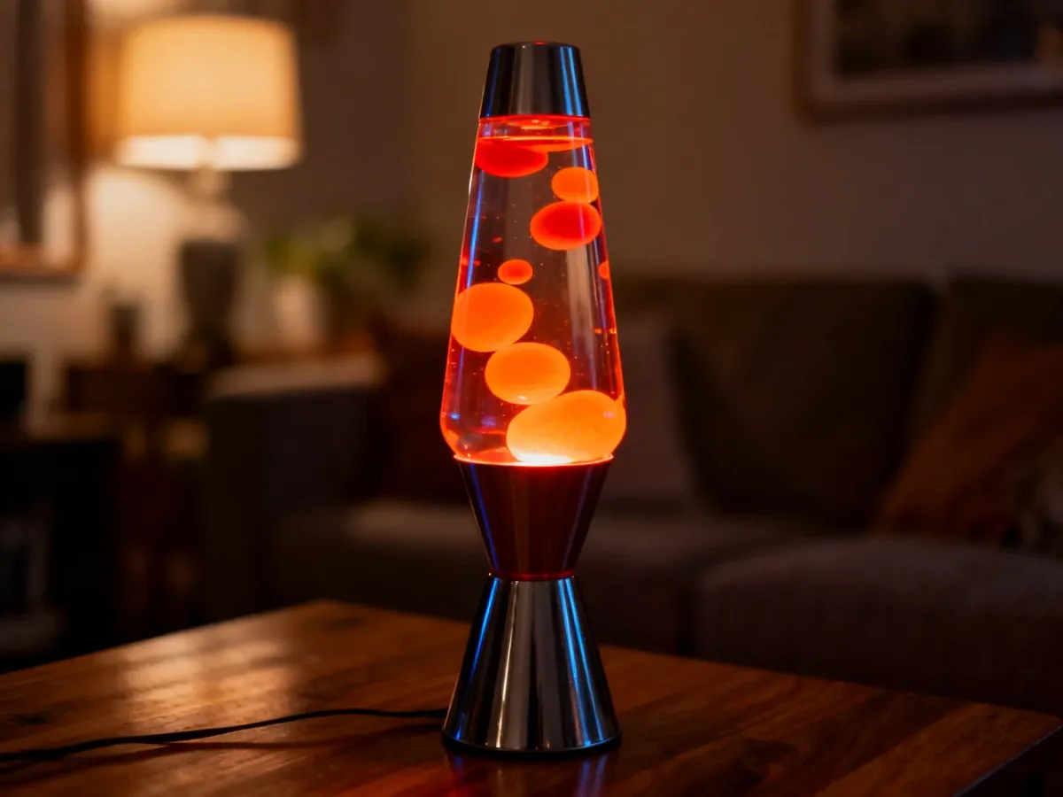 Lampa lawa z unoszącymi się pomarańczowo-czerwonymi bąbelkami wosku, tworząca przytulny, wieczorny nastrój.