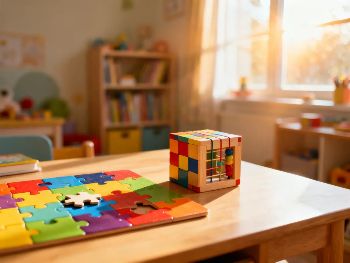 Kolorowe drewniane puzzle i kostka logiczna na biurku, zachęcające dziecko do rozwijania umiejętności rozwiązywania zadań.
