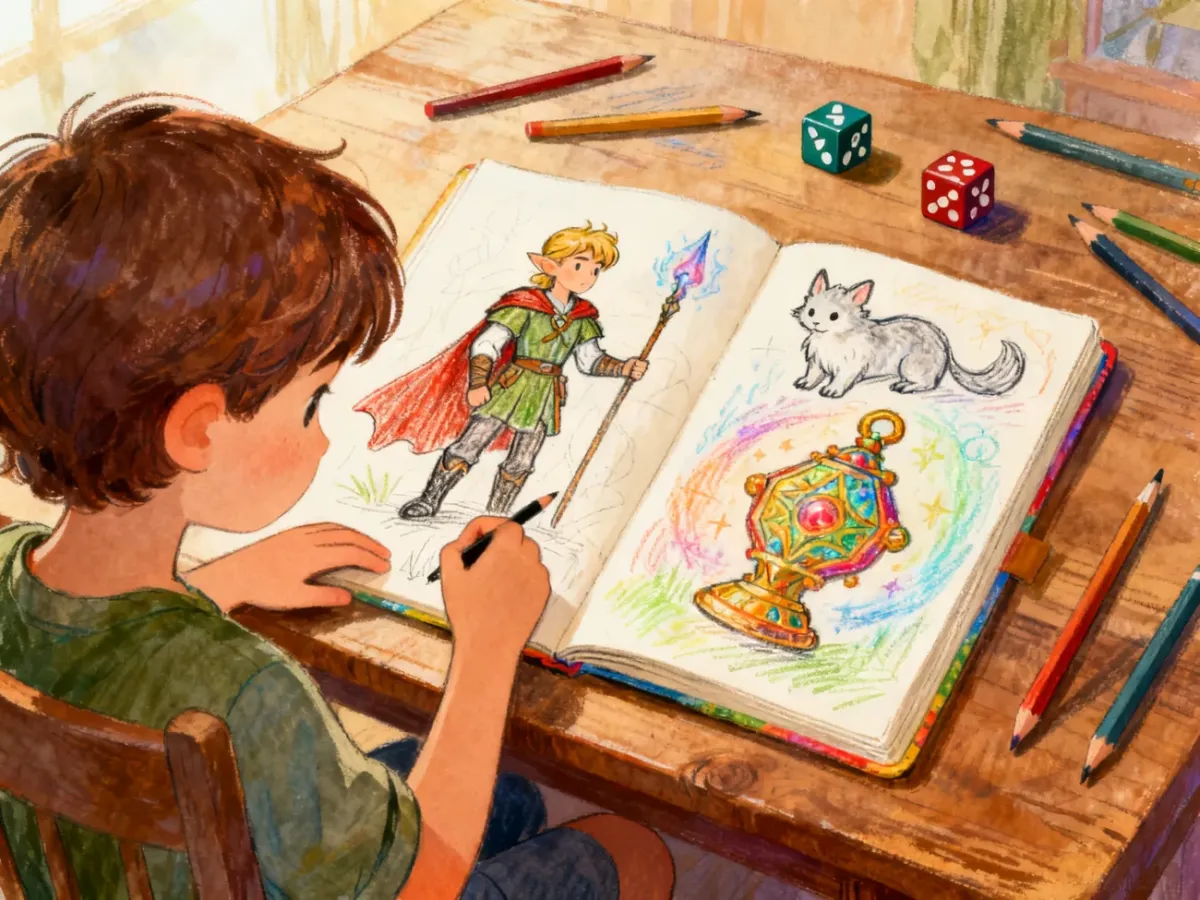 Dziecko rysujące bohatera, magicznego przyjaciela i ważny przedmiot