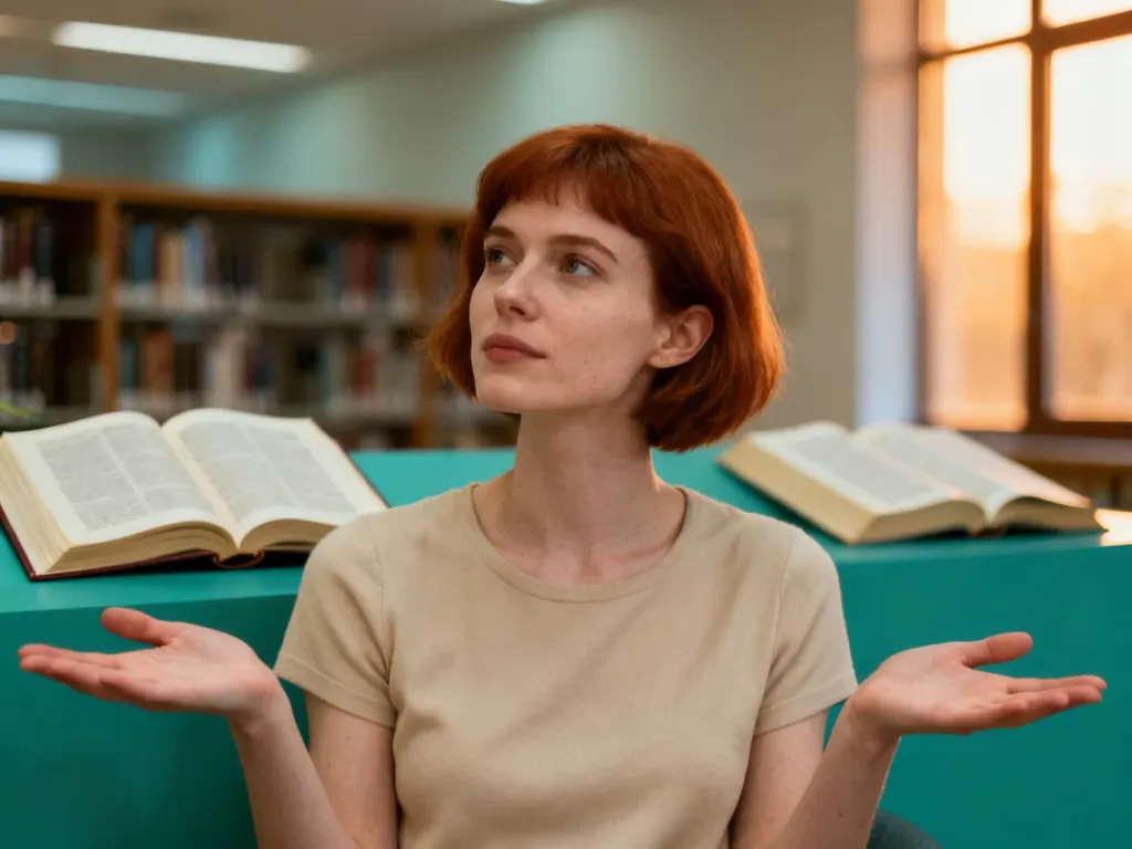 Kobieta w bibliotece wykonująca gest wzruszenia ramionami, ilustrujący postawę pewnej siebie dezynwoltury.