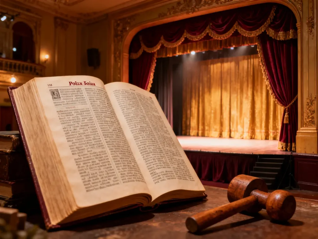 Otwarte słownik języka polskiego na tle teatralnej sceny, symbolizujące znaczenie i klimat słowa „anturaż”.