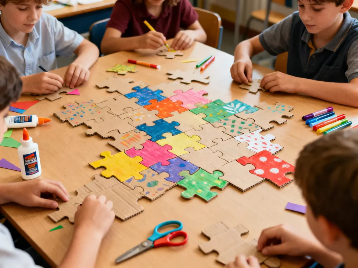 Dzieci układające wspólną mozaikę z ozdobionych elementów przypominających puzzle