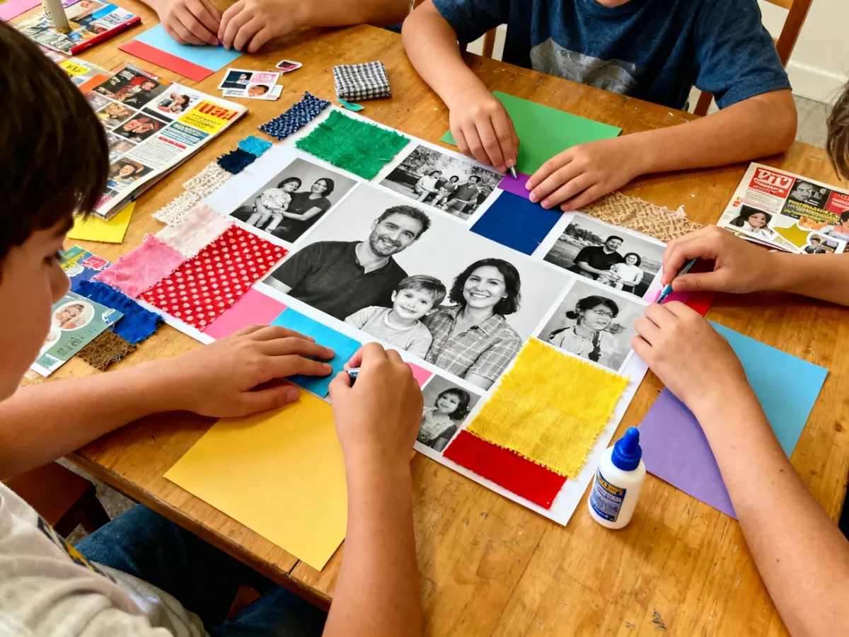 Dzieci tworzące wspólny kolaż z fotografii, papieru i różnych materiałów