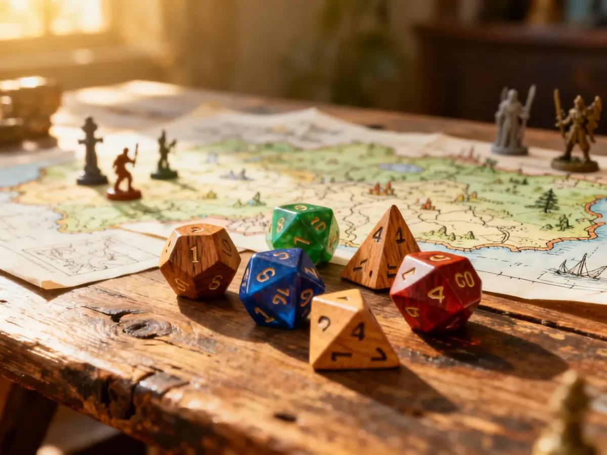 Kolorowe kości do gry RPG leżące na drewnianym stole obok ręcznie rysowanych map i figurek, tworzące przytulny klimat.