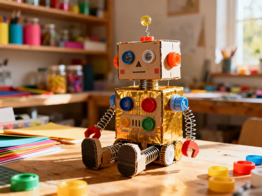 Kolorowy robot wykonany z kartonów i nakrętek, ilustrujący kreatywne wykorzystanie materiałów z recyklingu przez dzieci.