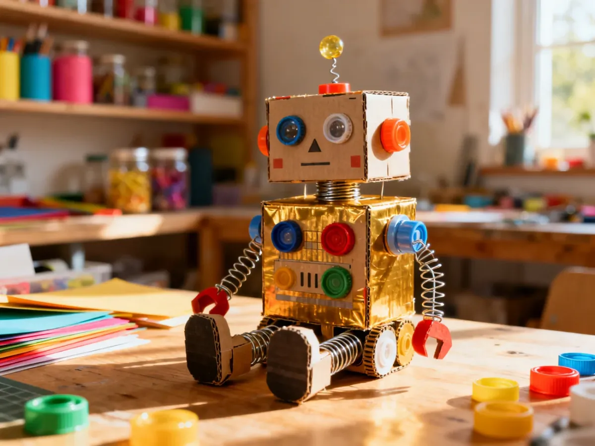 Kolorowy robot wykonany z kartonów i nakrętek, ilustrujący kreatywne wykorzystanie materiałów z recyklingu przez dzieci.