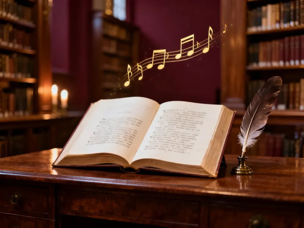 Otwarta księga poezji z piórem i nutami na drewnianym biurku, symbolizująca klasyczną formę ody w nastrojowej bibliotece.