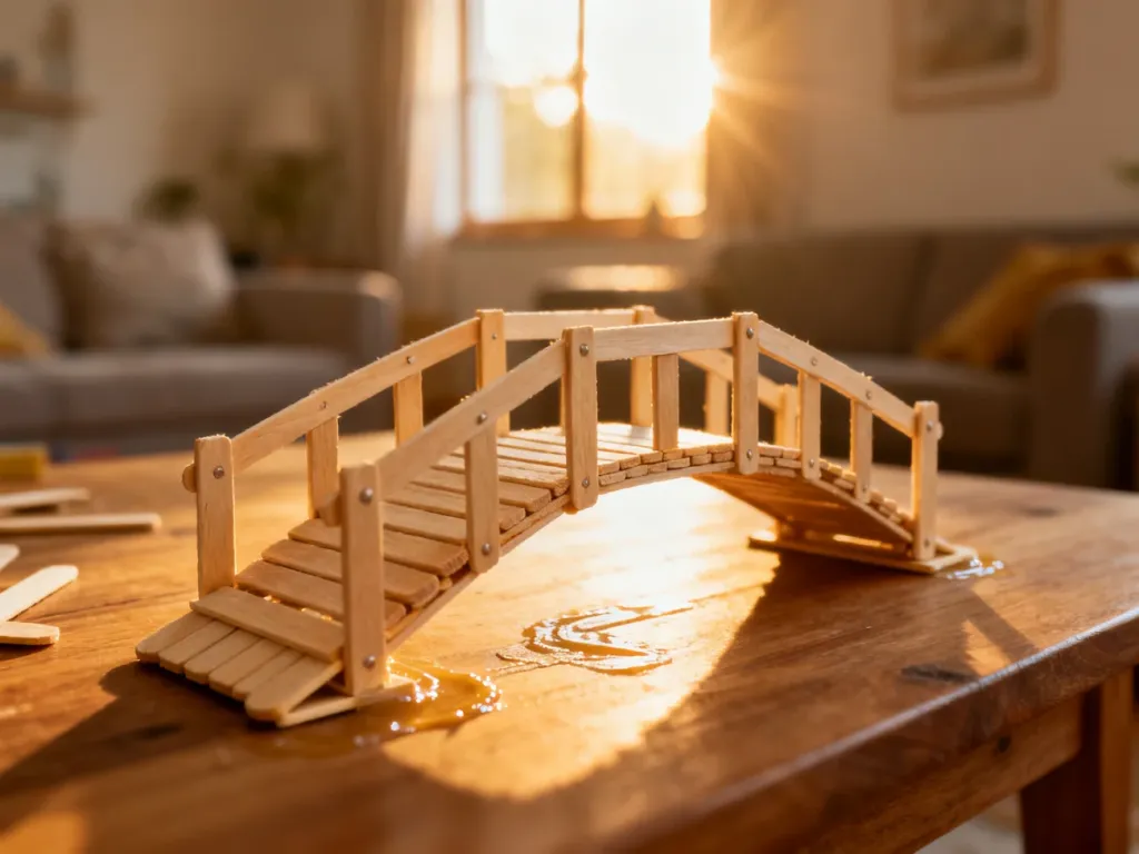 Miniaturowy most zbudowany z patyczków do lodów na drewnianym stole, ukazujący detale konstrukcyjne i precyzyjne łączenia.