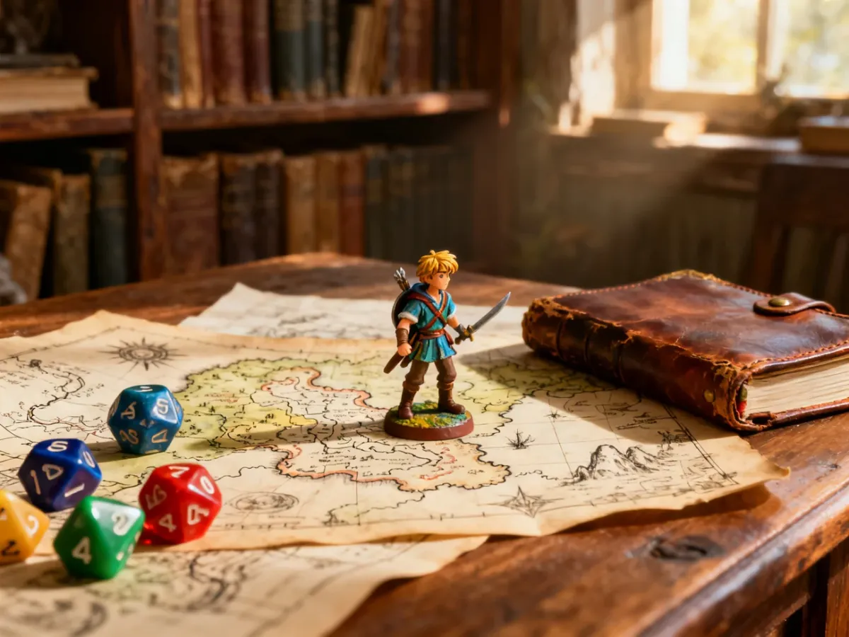 Figurka młodego poszukiwacza przygód na mapie z kośćmi do gry, symbolizująca przygotowania do wspólnej sesji RPG.