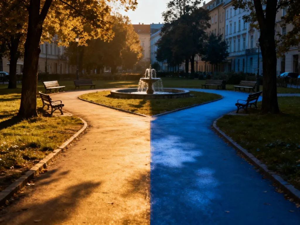 Rozwidlenie dróg w parku oświetlone kontrastującym ciepłym i chłodnym światłem, symbolizujące ambiwalencję i niepewność.