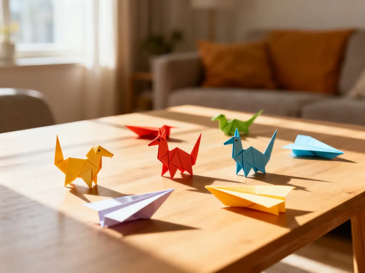 Kolorowe zwierzątka z origami i papierowe samoloty leżące na drewnianym stole w słonecznym, przytulnym pokoju.