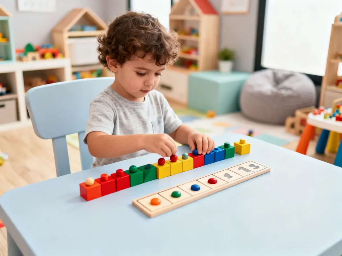 Dziecko rozwiązujące matematyczną łamigłówkę z kolorowymi klockami