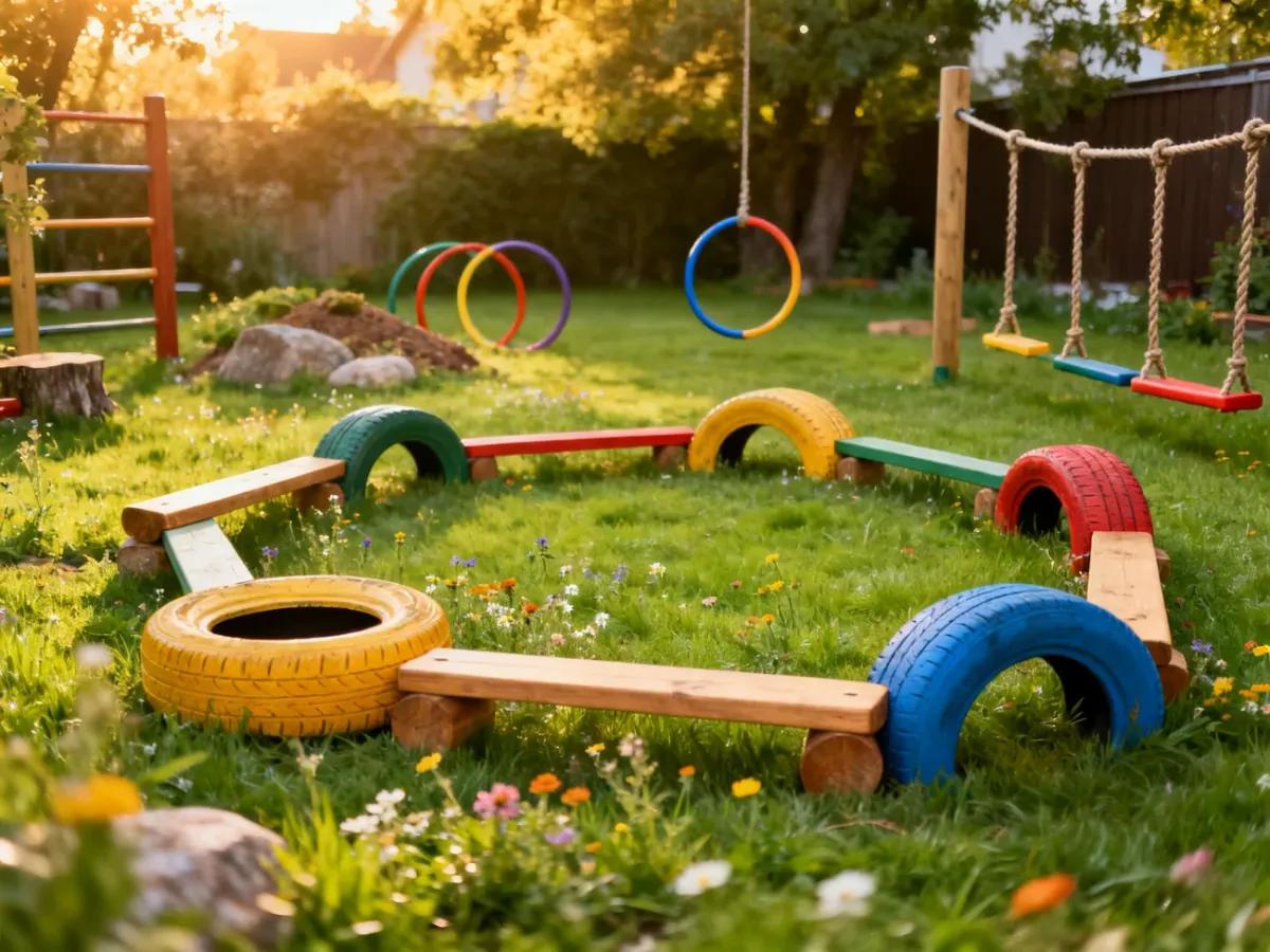 Niski tor przeszkód z opon, desek i lin w ogrodzie