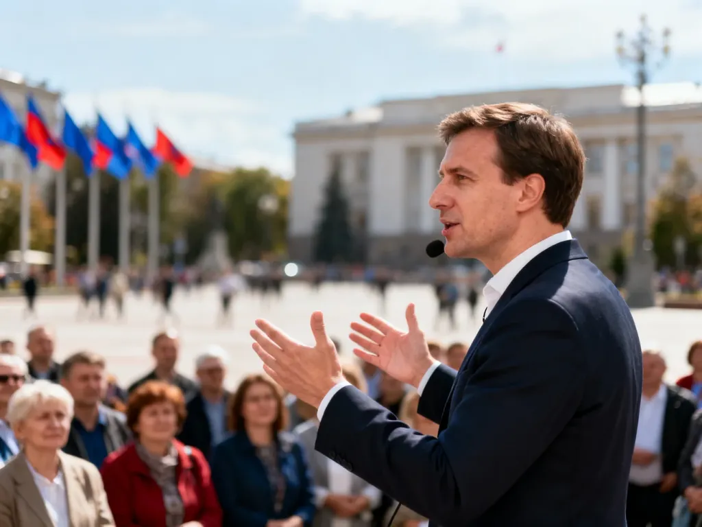 Mężczyzna przemawiający do tłumu na wiecu politycznym na tle placu miejskiego i budynku rządowego.