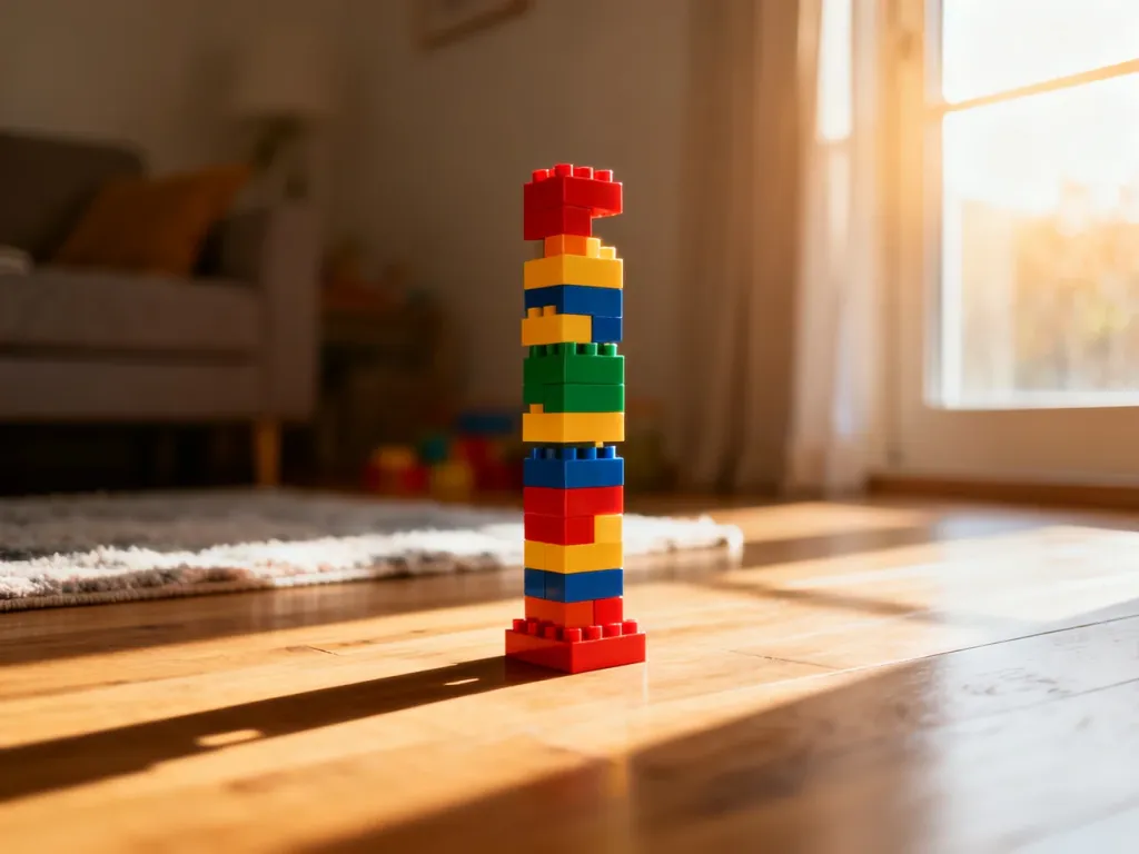 Wysoka, kolorowa wieża z klocków stabilnie stojąca na drewnianej podłodze w przytulnym pokoju dziecięcym.