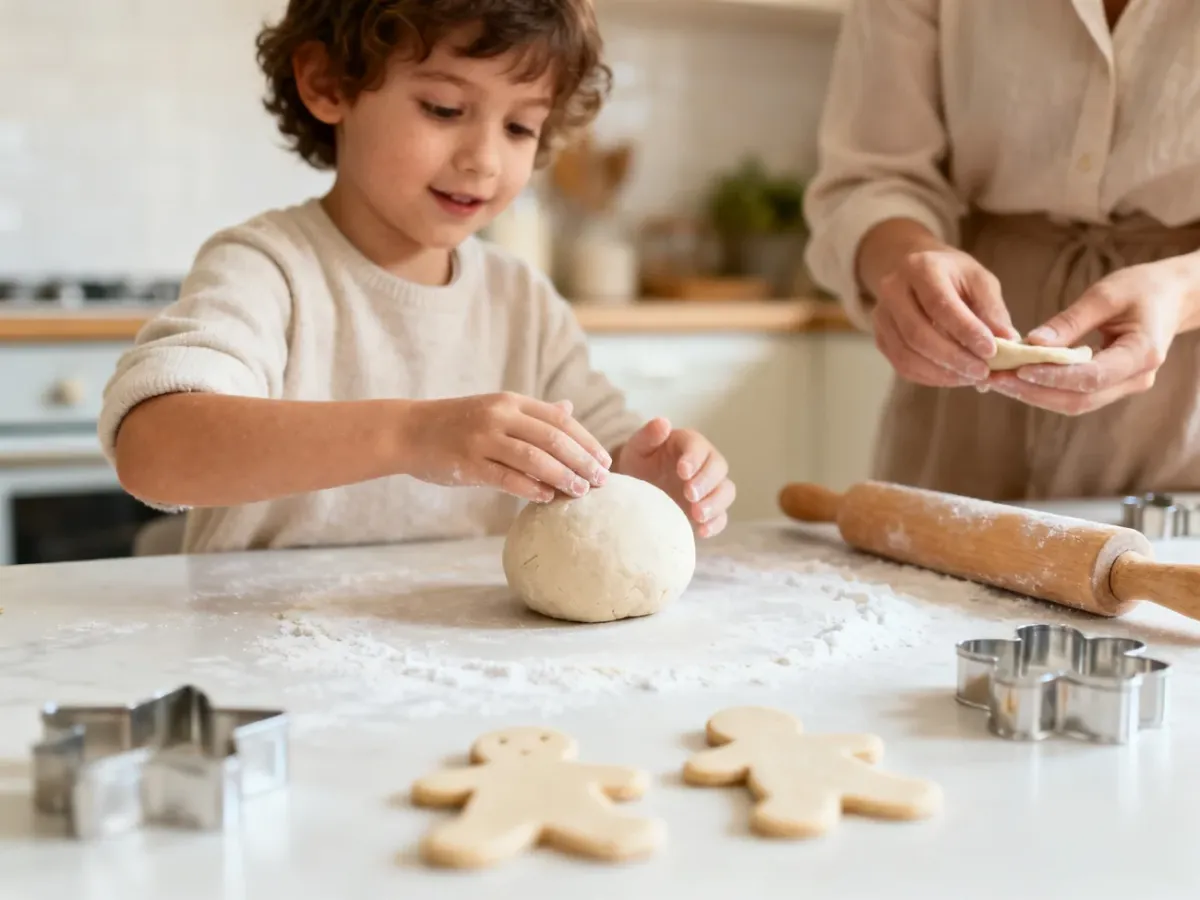 Dziecko lepiące figurki z masy solnej przy kuchennym stole