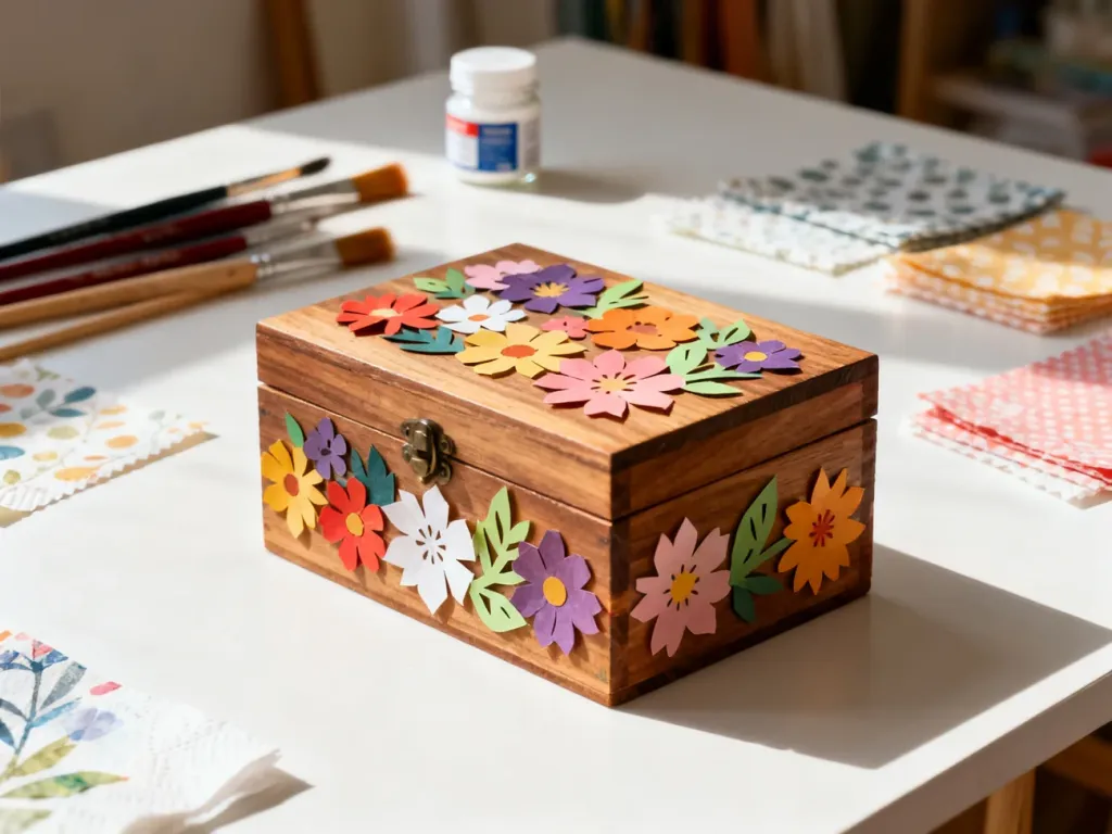 Drewniane pudełko ozdobione techniką decoupage z kwiatowymi motywami, otoczone przyborami plastycznymi na jasnym stole.