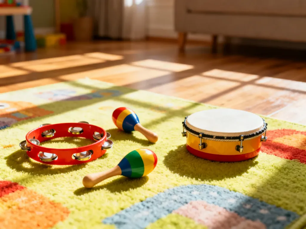 Kolorowe instrumenty muzyczne, takie jak tamburyn i marakasy, leżące na dywanie w słonecznym pokoju zabaw.