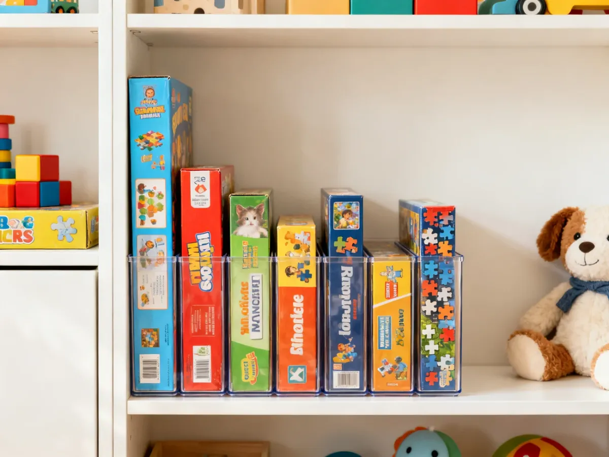 Pionowo ustawione gry i puzzle w jednolitych organizerach na półce