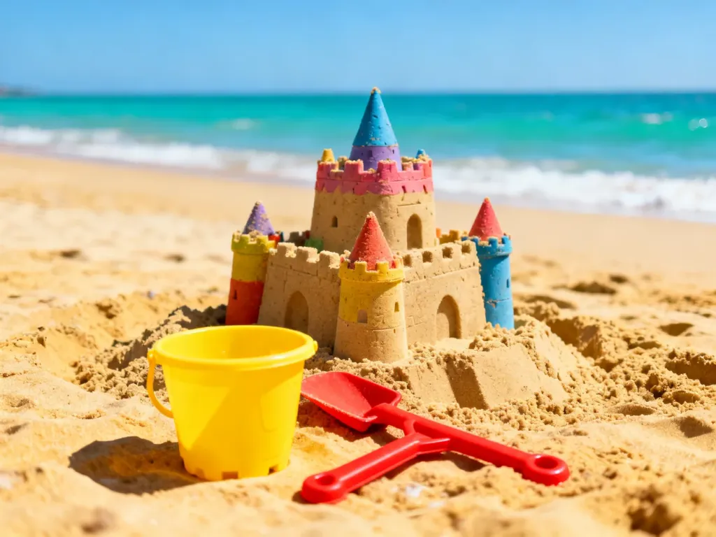 Kolorowy zamek z piasku z żółtym wiaderkiem i czerwoną łopatką na słonecznej plaży przy brzegu morza.