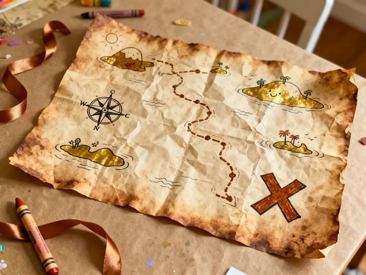 Ręcznie wykonana mapa skarbów z herbatą, symbolami i znakiem X