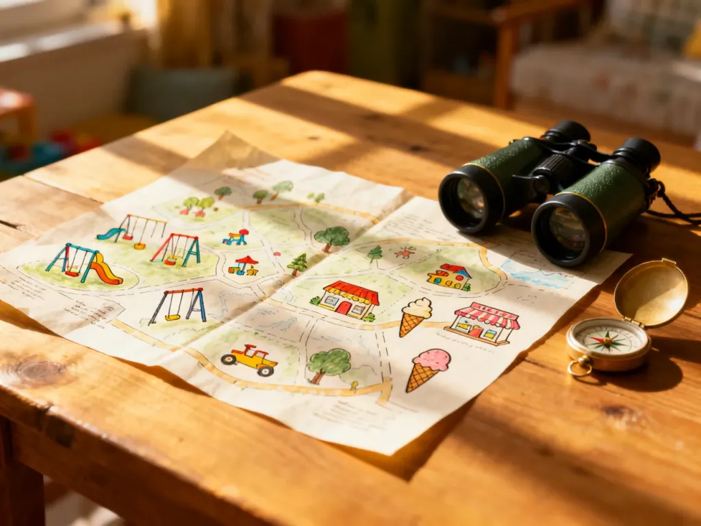Ręcznie rysowana mapa miasta z ikonami atrakcji dla dzieci, lornetką i kompasem na drewnianym stole.