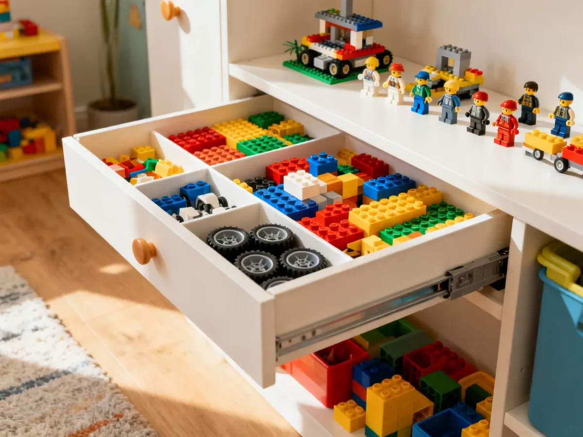 Praktyczny system segregowania klocków LEGO w pojemnikach w pokoju dziecka