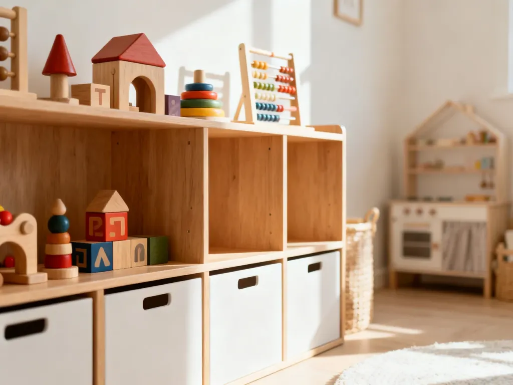 Drewniane półki z wybranymi zabawkami edukacyjnymi i wolnymi miejscami, ilustrujące zasadę rotacji zabawek w pokoju dziecka.
