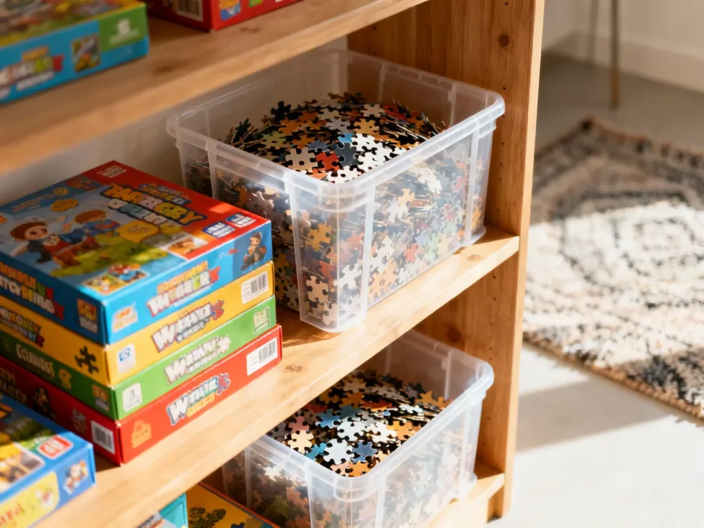 Uporządkowany regał z grami planszowymi i przezroczystymi pojemnikami na puzzle w przytulnym pokoju dziecięcym.