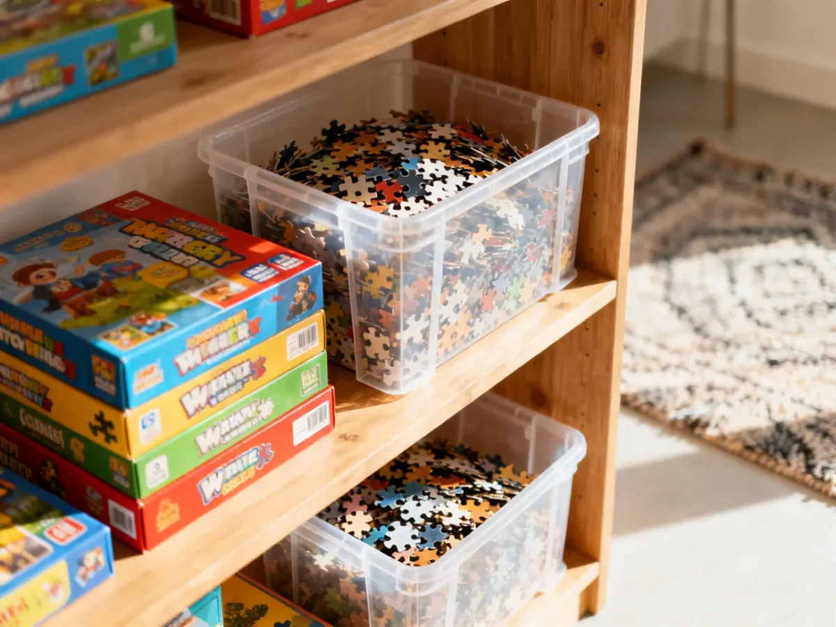 Uporządkowany regał z grami planszowymi i przezroczystymi pojemnikami na puzzle w przytulnym pokoju dziecięcym.